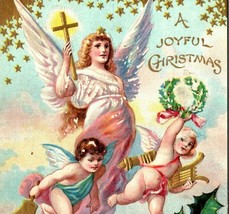 1909 Joyful Christmas Postcard Heaven Angels Cherubs Gold Accents Holly Berries - £10.29 GBP