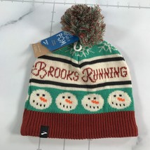 Brooks Running Beanie Merry Pom Unisex Green Knit Hat Snowmen - £42.64 GBP