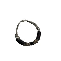 Silver Rose and Black Onyx Beaded Triple Strand Bracelet - £15.54 GBP