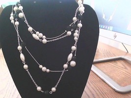 Long Silver Tone 2 Strand Necklace with Stationed Black White Beads - $263.88 MXN