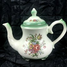 Teapot Crackle Glaze Ceramic Floral Vtg Green Cream Arthur Wood England - £22.68 GBP