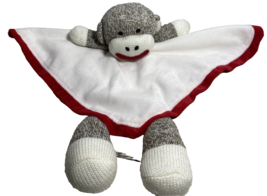 Sock Monkey Lovey Security Blanket Plush Toy Rattle Baby Starter Red White Satin - $7.91