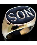 Oval Sterling silver letter ring SON one word capital letters with Black... - $95.32 CAD