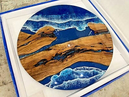 Ocean Wave Blue Round Dining &amp; Coffee Table Tops Handmade Living Room Home Decor - £266.66 GBP+