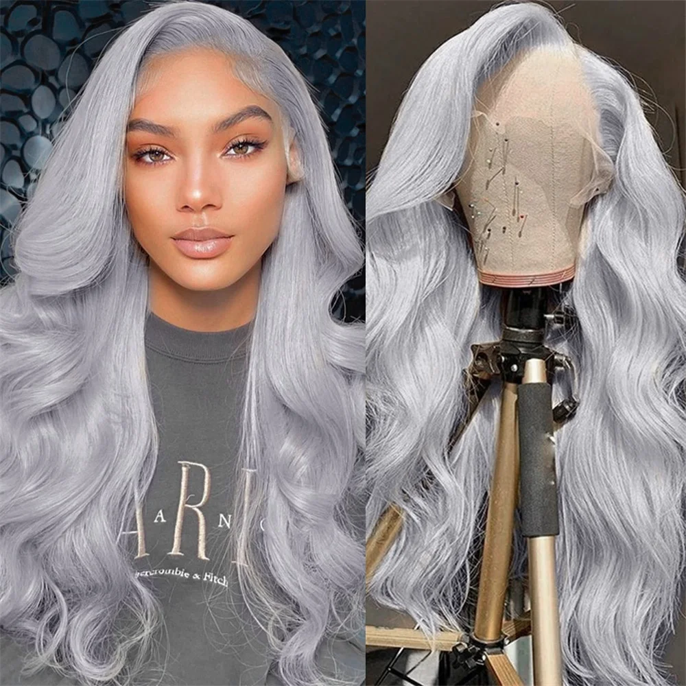Silver Grey Body Wave Lace Front Human Hair Wigs For Women 28 30 Inch Brazili - £110.51 GBP+