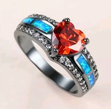 Dainty Promise Ring Red Heart Shape zirconia Paved Blue Opal Size 6 - $12.86