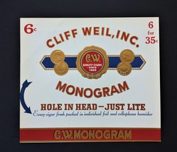 antique MONOGRAM CIGAR BOX LABEL cliff weil inc 6.5&quot;x7.25&quot; embossed HUMIDOR - $18.76