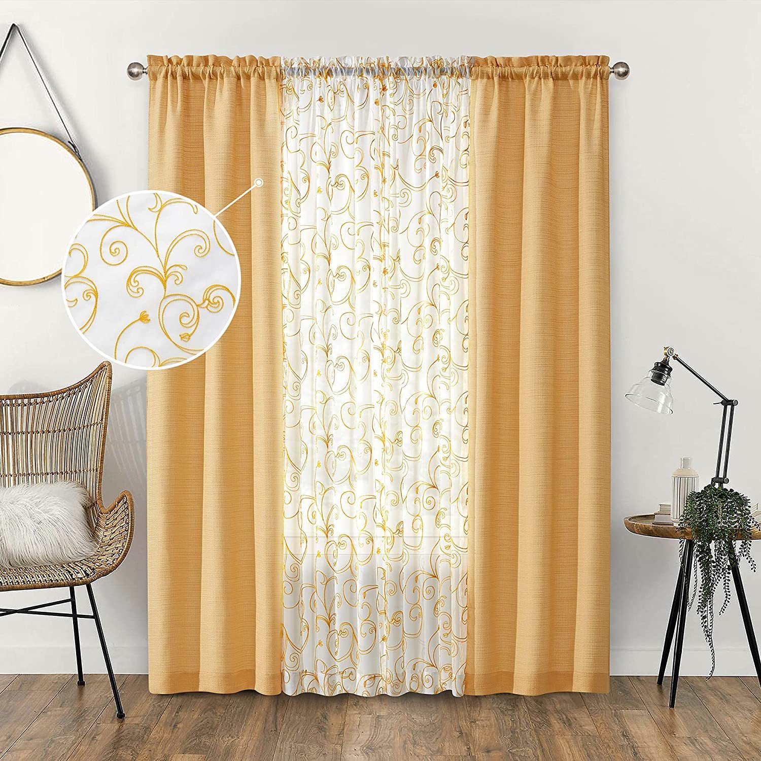 Primary image for Aufenlly 2 Embroidery Sheer, 4 Panels, Cornsilk Yellow, W27.5Xl108 Inch Each