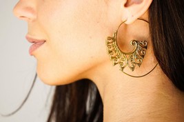 Brass Floral Earrings, Spiral Hoop Earrings, Tribal Earrings, Large Hoop Earring - £14.12 GBP