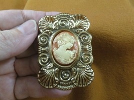 (CS37-17) HAIR UP Lady orange + ivory CAMEO scalloped brass Pin Jewelry brooch - £22.64 GBP