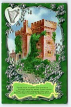 St Patrick&#39;s Day Postcard Old Ireland Castle Embossed Hard Silver Shamrocks Ivy - £14.53 GBP