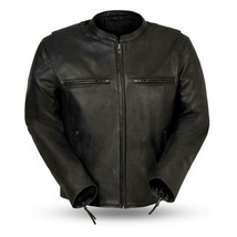 Men&#39;s Biker Leather Indy Scooter Style Banded Collar Motorcycle Jacket - £228.03 GBP