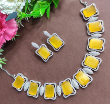 Bollywood Style Indian Yellow Silver Plated CZ Necklace Choker Jewelry Set - £74.70 GBP