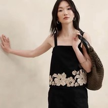 BANANA REPUBLIC Black Cotton Floral Poplin Embroidered Crop Tank Size XS - $413.68 MXN