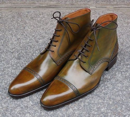 New Men Handmade Cap Toe Leather Ankle High Lace Up Boots,Leather Color green b
