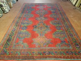 7x11 Turkish Oushak Rug Muted Colors Red Blue Wool Hand-Knotted Low Pile Carpet - £1,053.55 GBP