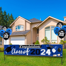 Large Class of 2024 Banner Blue and Black Graduation Congratulations Backdrop wi - £14.98 GBP