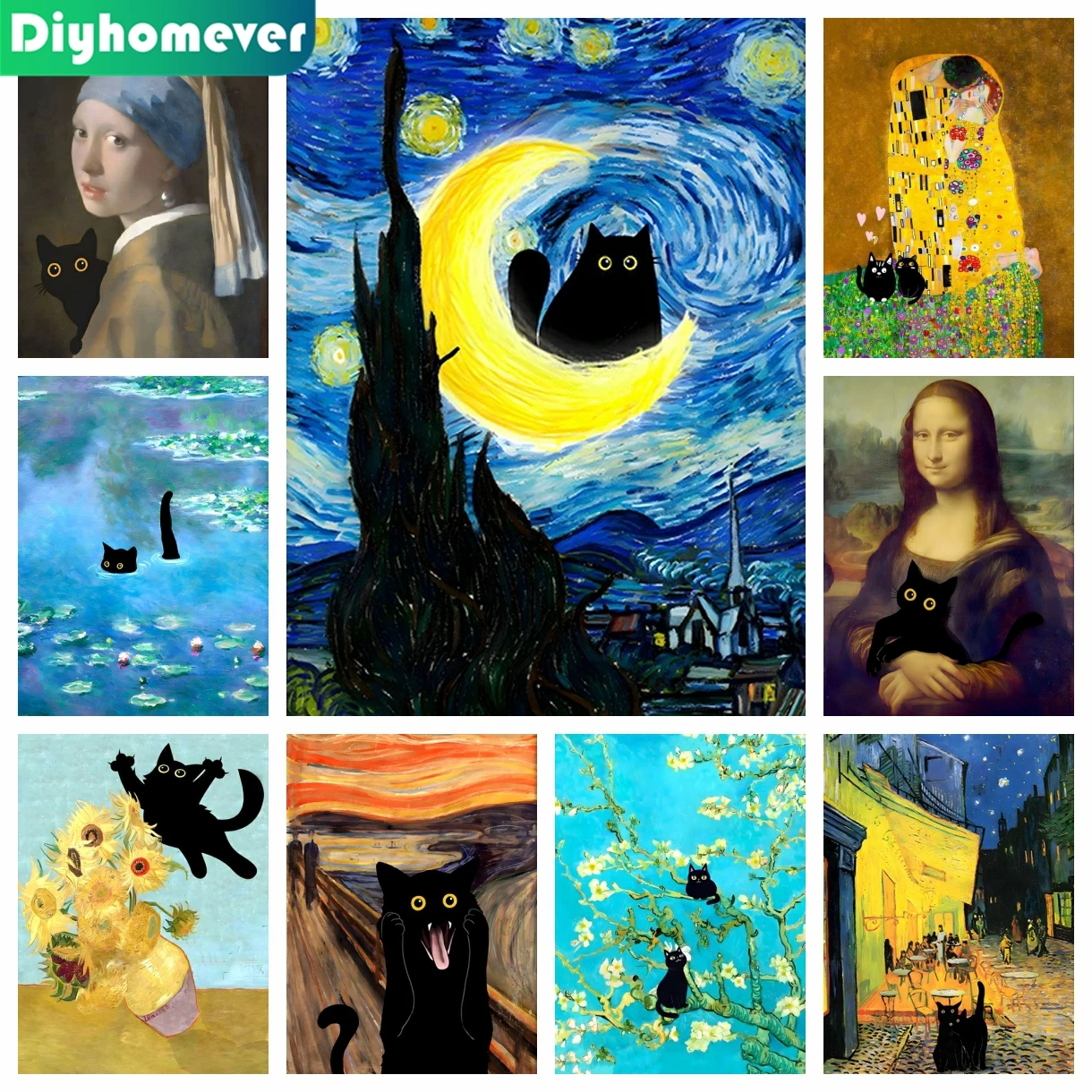 Funny Cute Black Cat 5D DIY Diamond Painting Mosaic Famous Paintings Van Gogh - £10.28 GBP+