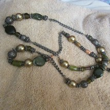 NECKLACE silver, jade, gold metal, wood,  stone beads &amp; chain 48&quot;  (B) - £19.53 GBP