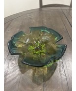Murano Art Glass Bowl Green Yellow 3 Pull Sides 9” Italian Style MCM - $67.87 CAD