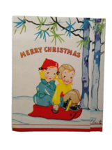 Merry Christmas Greeting Card Vintage Children On Sled Mid Century Modern - $8.90
