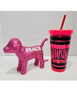 Pre Owned Victoria Secret Lot Neon Pink Cold Drink Tumbler &amp; Peace Dog P... - $19.35