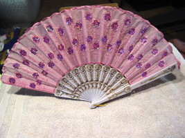 FAN ( SMALL HAND TYPE FAN ) WITH FLOWERS FLOWER SEQUINS LIGHT PINK RM2C - £6.32 GBP