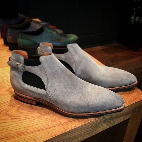 New Handmade Mens Gray genuine suede jodhpurs boot, Men monk strap low ankle boo