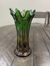 Fenton Carnival Glass Vase Iridescent Green Long Thumbprint Swung 9 Point - $59.39