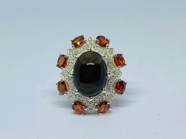 Natural smoky quartz and orange garnet ring in 925 sterling silver - £215.41 GBP