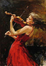 Art oil painting red ress portrait playing violin girl hand painted on canvas - £55.15 GBP