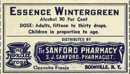 Vintage Pharmacy Label Essence Wintergreen Sanford Pharmacy Rexall Boonville Ny - £20.72 GBP