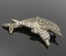 925 Silver - Vintage Cubic Zirconia &amp; Marcasite Dolphins Brooch Pin - BP3472 - £37.88 GBP