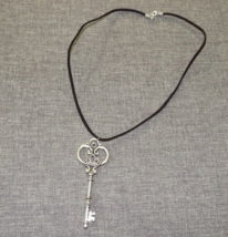 Silver Tone Skeleton Key Necklace On 20 Inch Black Cord - £6.28 GBP