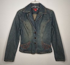 Vintage GUESS Jean Jacket Women Small Embroidered Western Faded Tailored Denim - £18.97 GBP