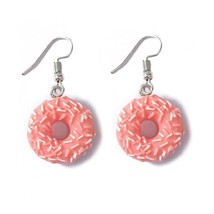 Cute Donut Earrings Pink Frosting Sprinkles Dangle Drop Stainless Steel Ear Wire - £7.07 GBP