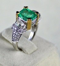 Natural Colombian Emerald Octagon Gemstone Rose Cut Diamond 18K Gold Ladies Ring - £6,703.34 GBP