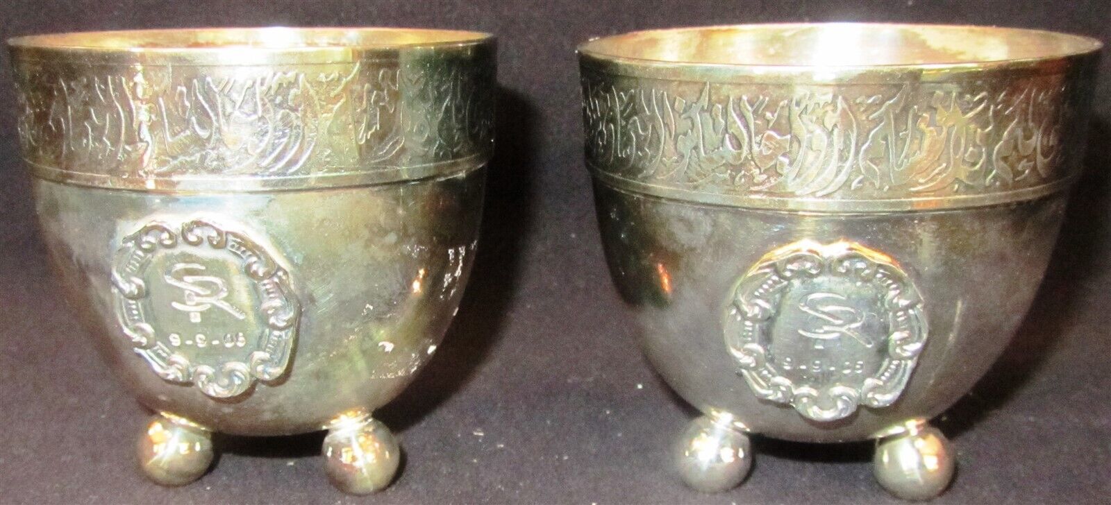 GORGEOUS SILVERPLATED CUP BEAKER BALL FEET SET OF 2 INSCRIBED SR - $11.76
