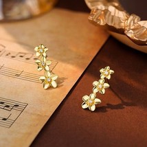Sweet Three Pear Flowers 18k Yellow Gold Plated CZ Stud Earrings Women&#39;s Jewelry - £37.56 GBP