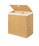 Folding 2-Bin Natural PE Wicker Linen Liner Laundry Hamper w Handles - $174.66 CAD