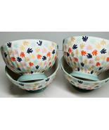 4 Footed Cereal Bowls POTTERS STUDIO Fine Ceramic Colorful Leaf Design New - $65.82 CAD
