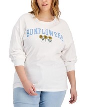 Mad Engine Womens Trendy Plus Size Sunflowers Long-Sleeve T-Shirt 2X White - $25.95