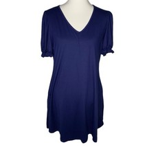 Womens Casual V Neck Short Puff Sleeve Shift Dress Size Large Navy Blue ... - £15.29 GBP