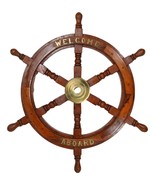 Nautical Marine Vintage Wood Brass Ship Steering Helm Boat Wheel Wall De... - $136.75 CAD