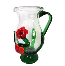 Vintage Art Glass Water Pitcher red 3D Applied Flower Leaf Murano Style 10&quot; - $39.55