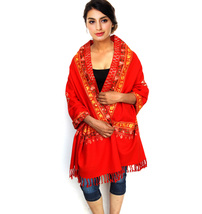 Women Kashmiri Red Stole Ethnic Paisley Flower Embroidered Wool Shawl Ca... - £61.76 GBP