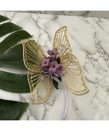Vintage 80s Wicker Butterfly Wall Decor Small Purple Flowers Boho Cottag... - $23.00 CAD
