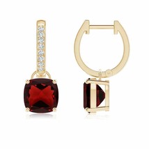 Garnet Cushion Drop, Hoops Earrings with Diamond in 14K Gold (Grade-AAA , 7MM) - £766.03 GBP