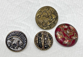 4 Antique Metal Dress Buttons w Leaves Berries Feather Birds Victorian D... - $12.38