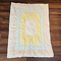 Vintage 80s 90s Baby Quilt Blanket Comforter Pastel Puppy Dog Heart Yellow Blue - £46.43 GBP